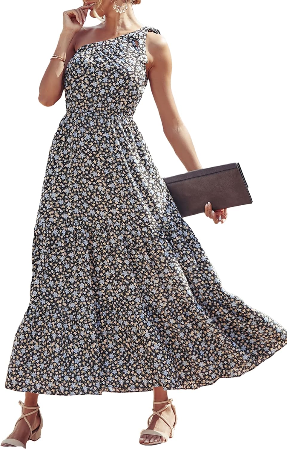 Women's Summer Floral One Shoulder Maxi Dress Knot Ruffle Boho Beach Vacation Wedding Guest Long Sun Dresses