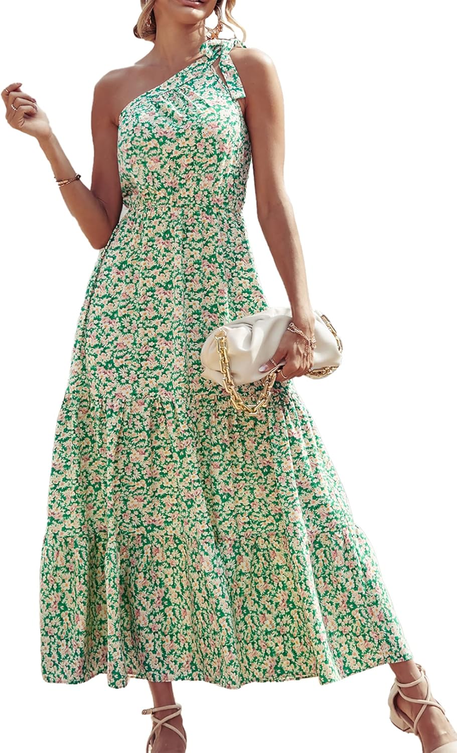 Women's Summer Floral One Shoulder Maxi Dress Knot Ruffle Boho Beach Vacation Wedding Guest Long Sun Dresses