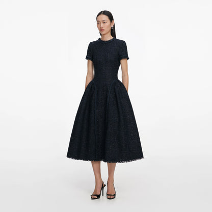 Navy Metallic Boucle Midi Dress
