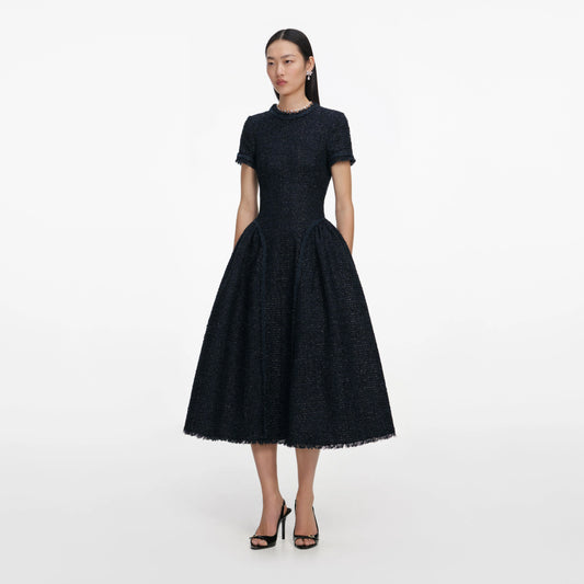 Navy Metallic Boucle Midi Dress