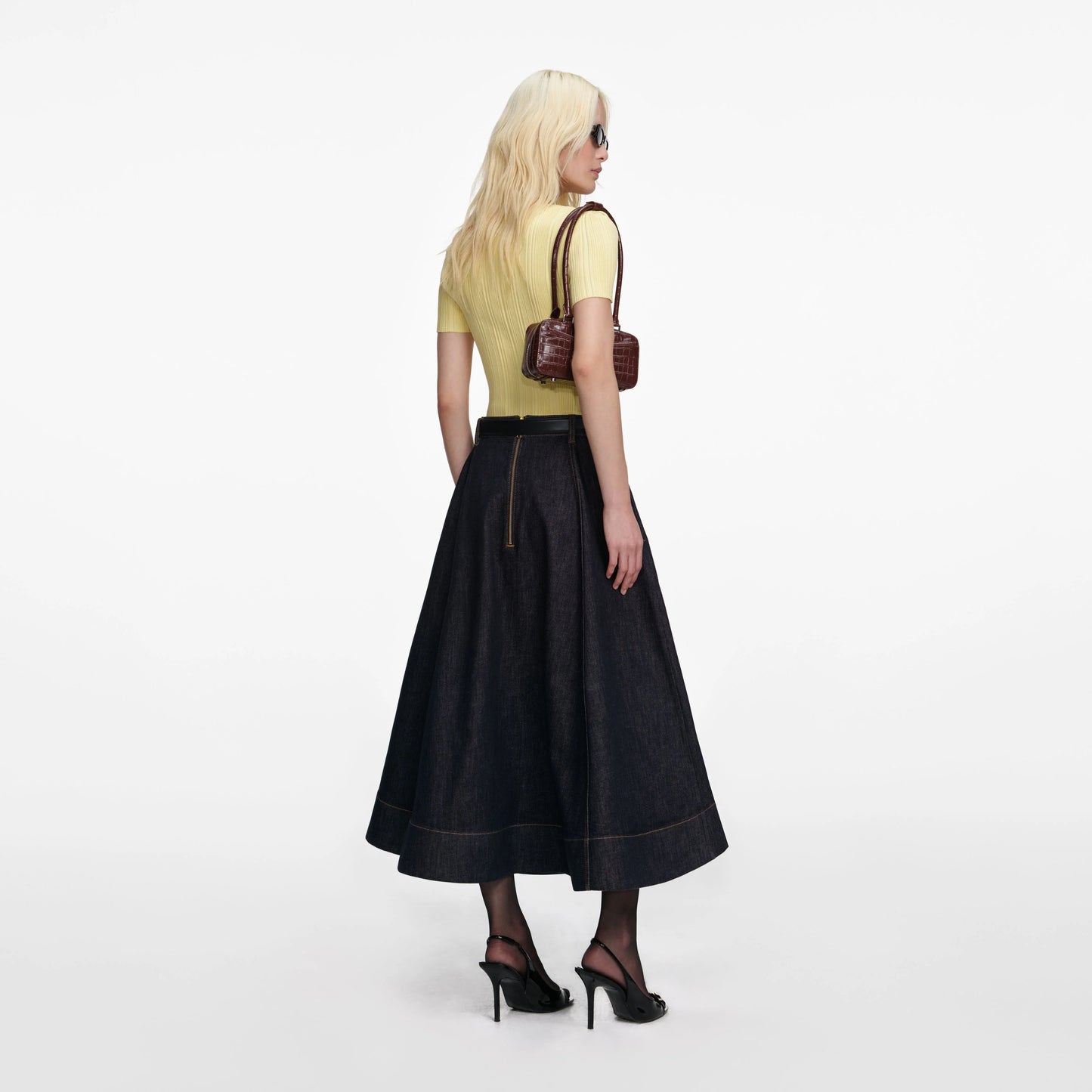 Indigo Denim Flared Midi Skirt