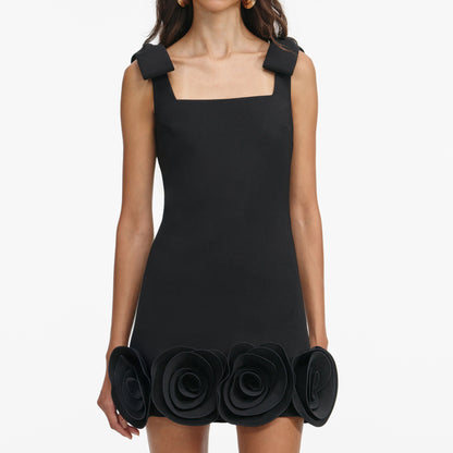 Black Crepe 3D Flower Mini Dress