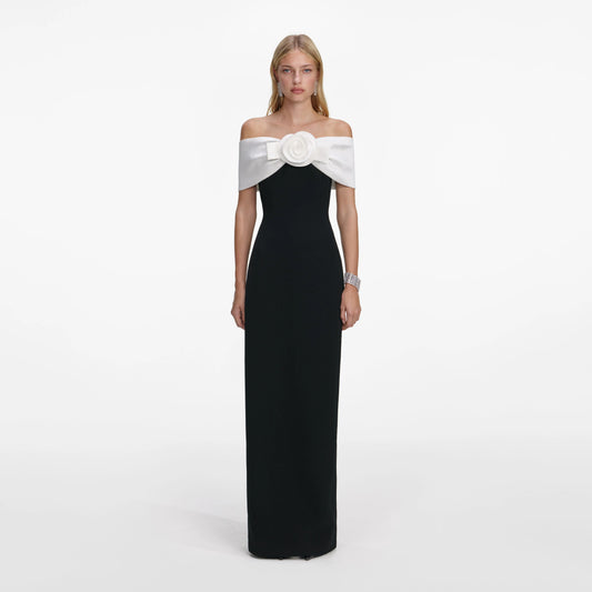 Black Crepe Flower Maxi Dress