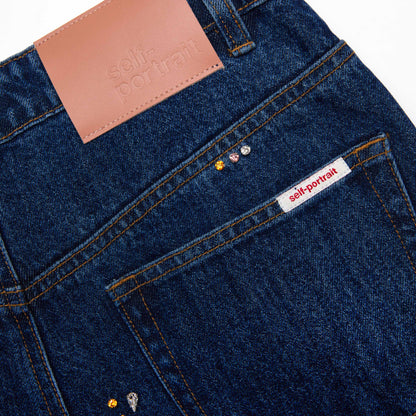 Blue Embellished Wide Leg Jeans
