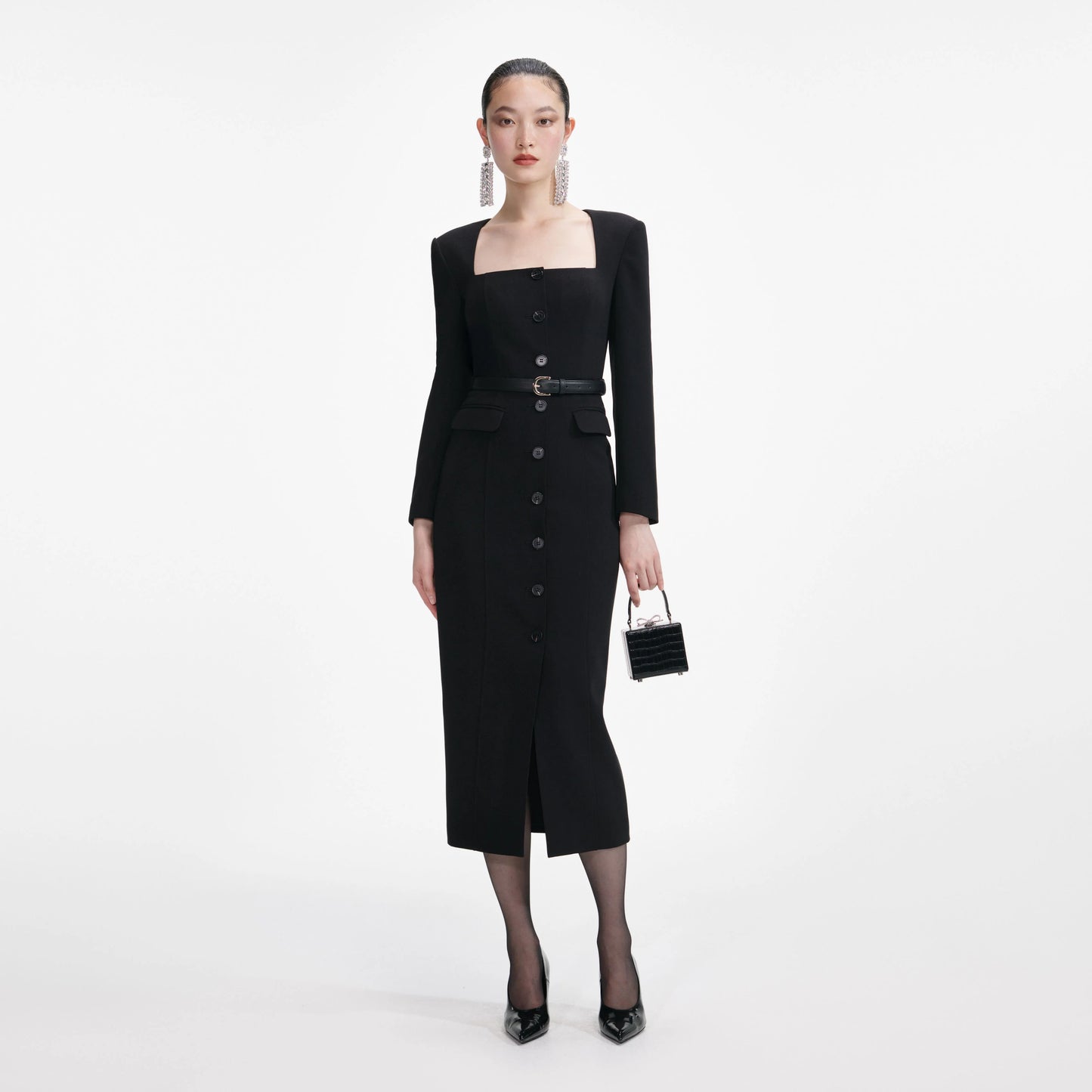 Black Tailored Crepe Midi Dress