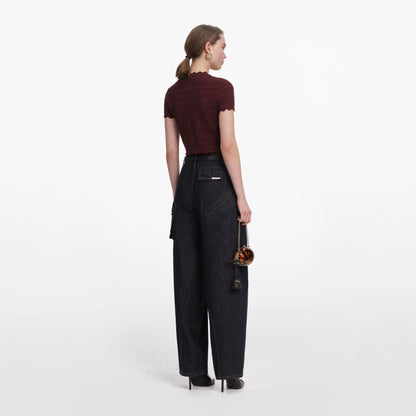 Brown Pointelle Knit Top