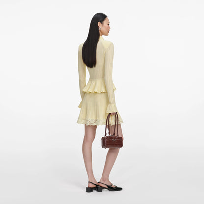 Yellow Pointelle Peplum Knit Mini Dress