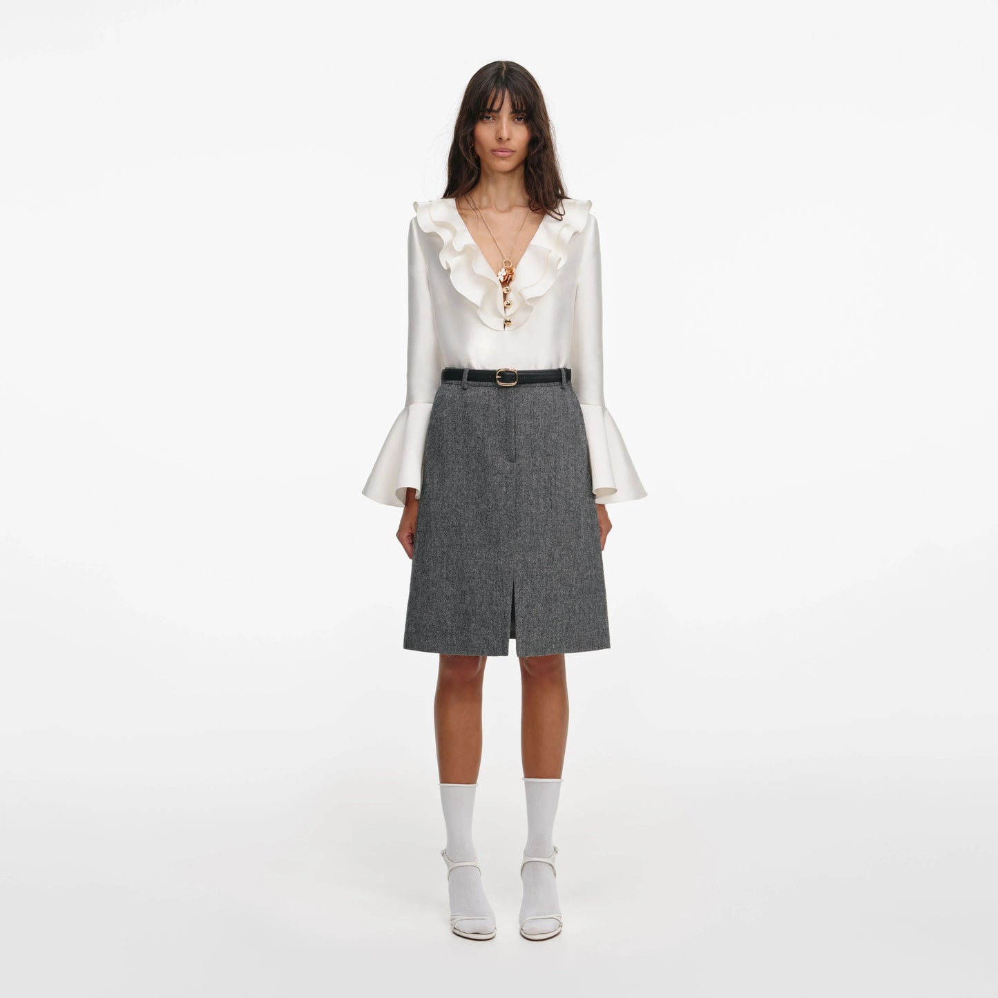 Grey Herringbone Midi Skirt