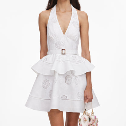 White Linen Blend Peplum Mini Dress