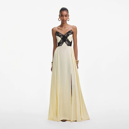 Yellow Satin Lace Maxi Dress