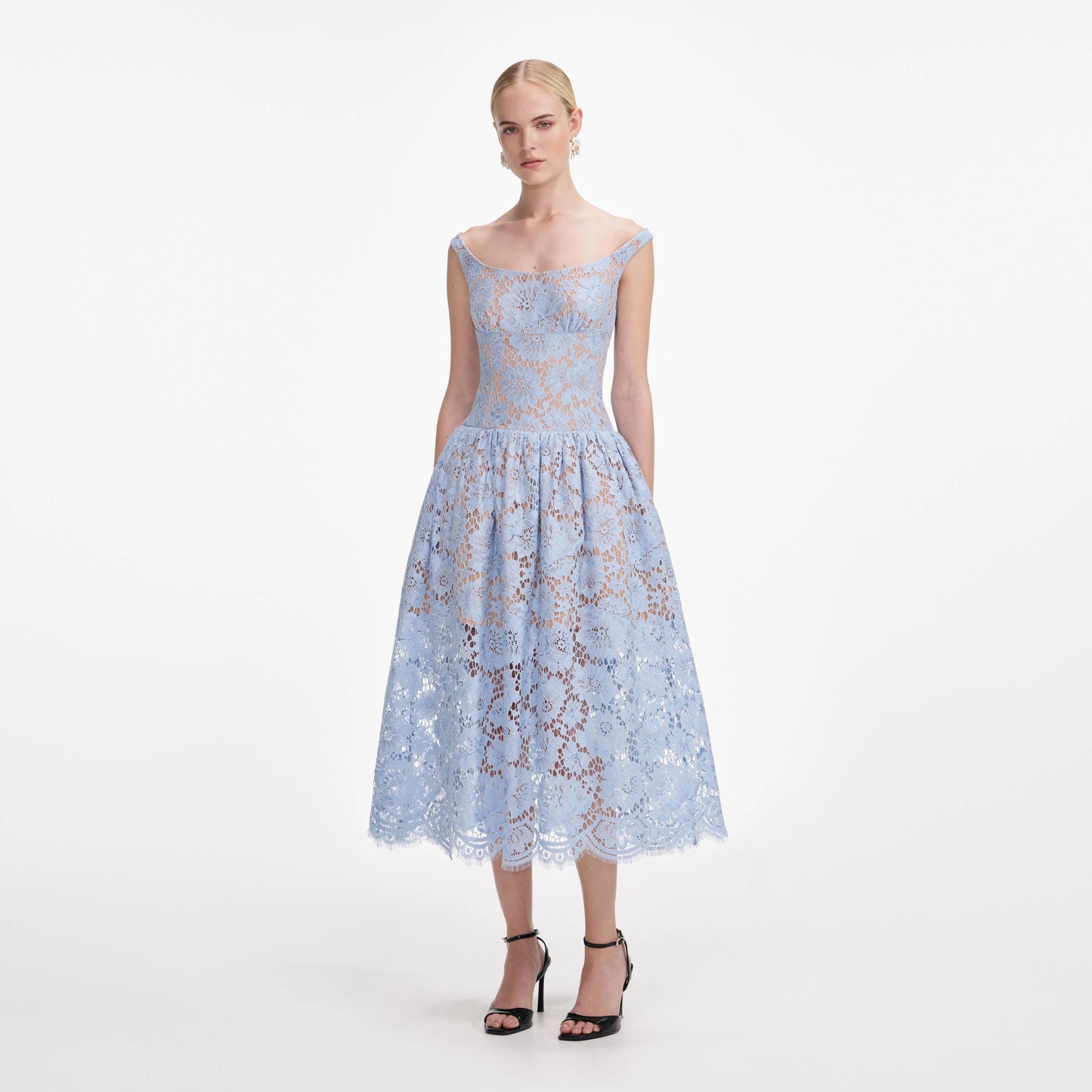 Blue Floral Lace Midi Dress