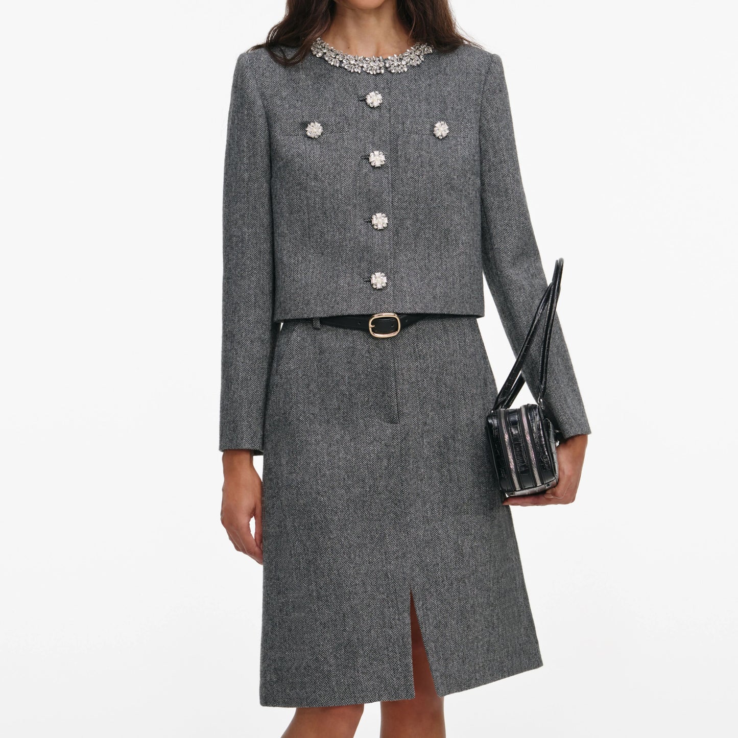 Grey Herringbone Crystal Trim Jacket
