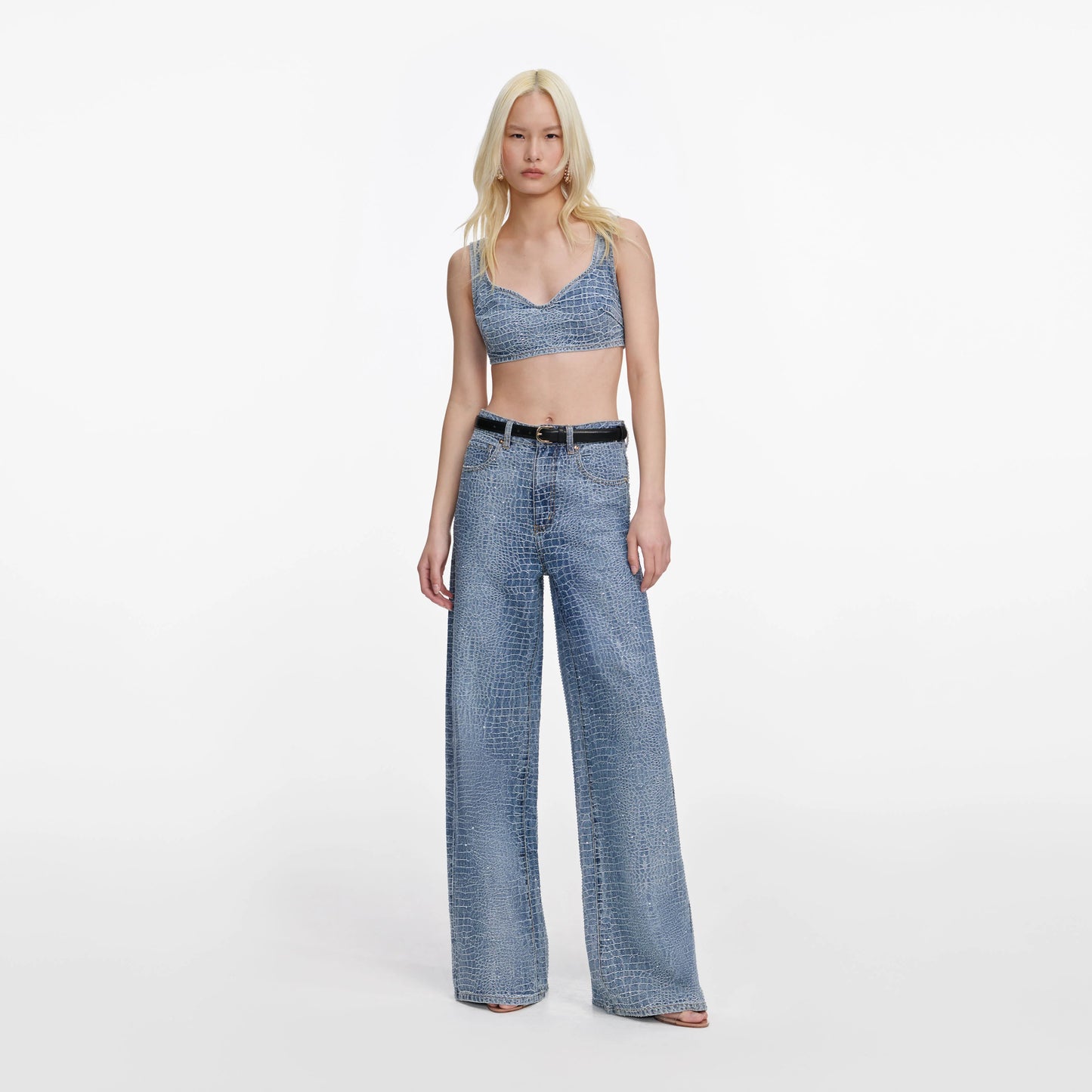 Rhinestone Croc Effect Wide Leg Jeans