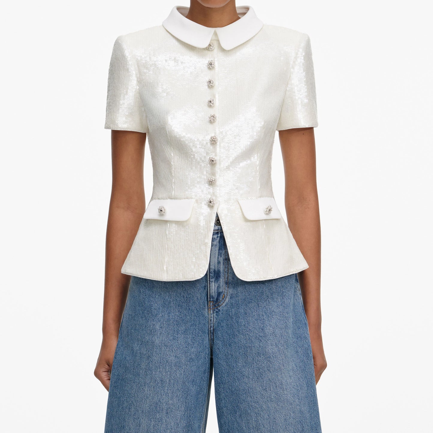 White Sequin Tailored Top