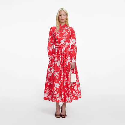 Red Floral Cotton Midi Dress