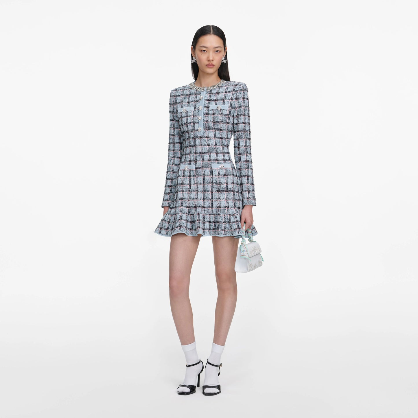 Blue Check Knit Mini Dress