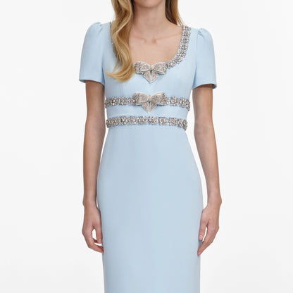 Blue Crepe Embellished Bow Maxi Dress