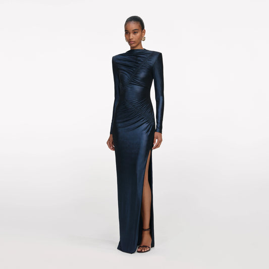 Navy Metallic Gathered Maxi Dress