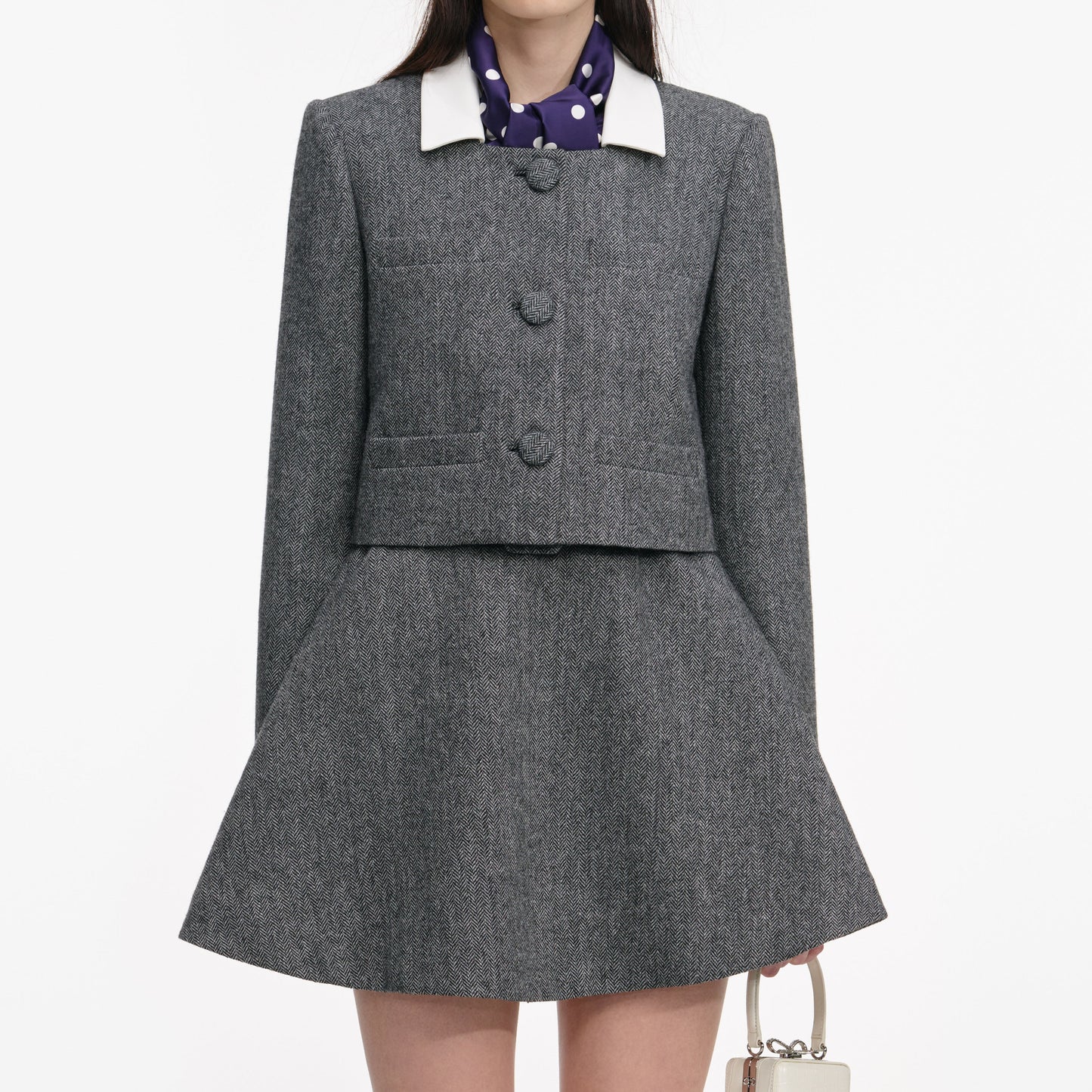 Grey Herringbone Scarf Detail Jacket