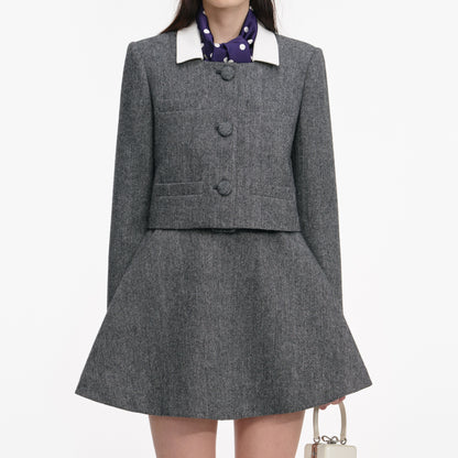 Grey Herringbone Scarf Detail Jacket