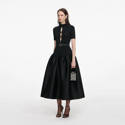 Black Knit Taffeta Midi Dress