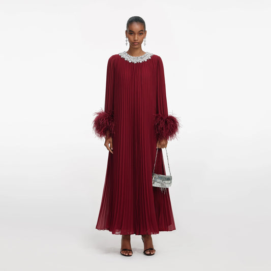 Burgundy Chiffon Feather Midi Dress