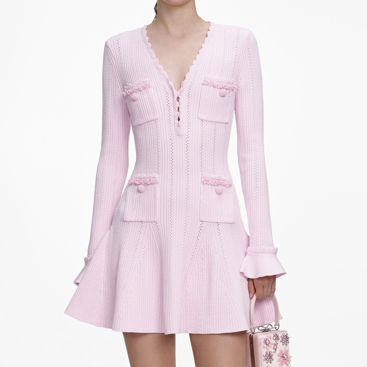 Pink Pearl Trim Knit Mini Dress