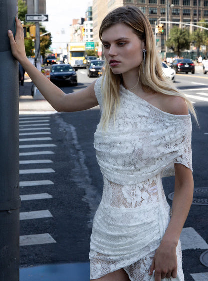 White Rhinestone Lace Tie Side Mini Dress