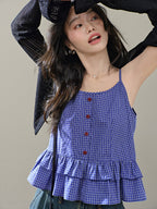 Blue Plaid Ruffle Blouse