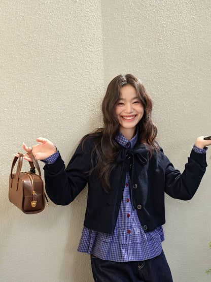 Blue Plaid Ruffle Blouse