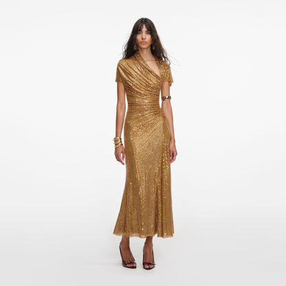 Gold Rhinestone Drape Midi Dress