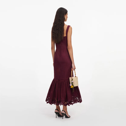 Plum Linen Blend Lace Insert Midi Dress