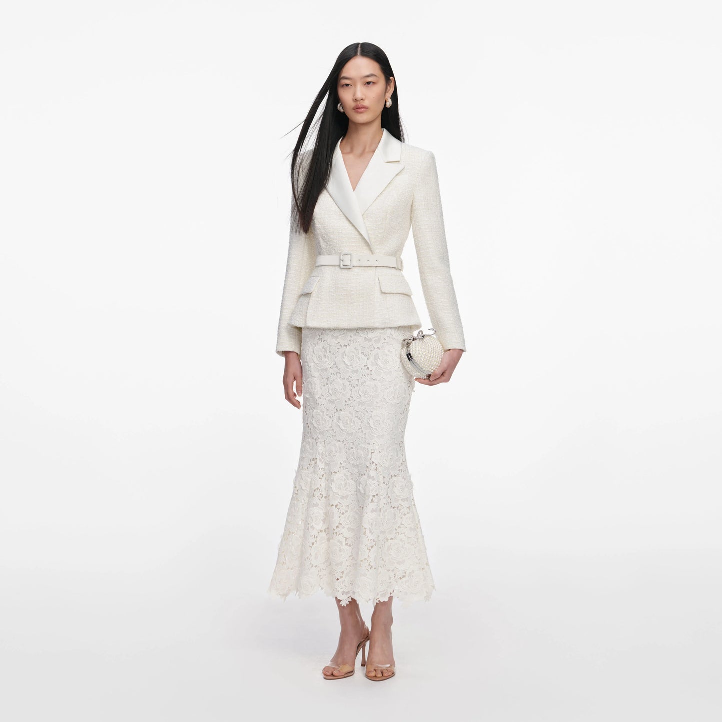 Cream Boucle Flower Lace Midi Dress