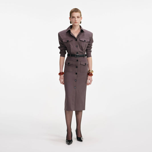 Brown Cotton Belted Midi Dress
