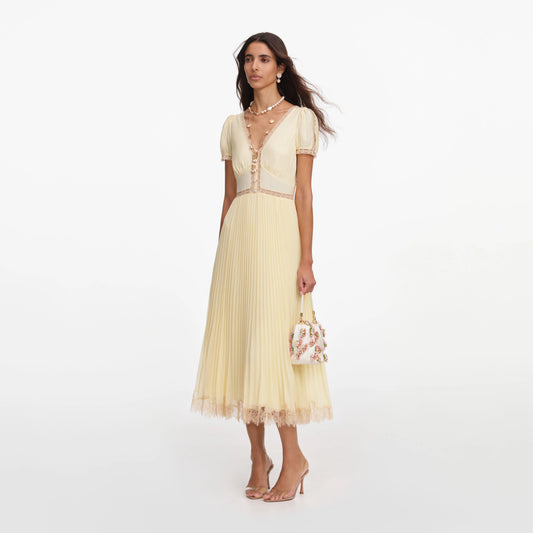Yellow Viscose Pleated Lace Midi Dress