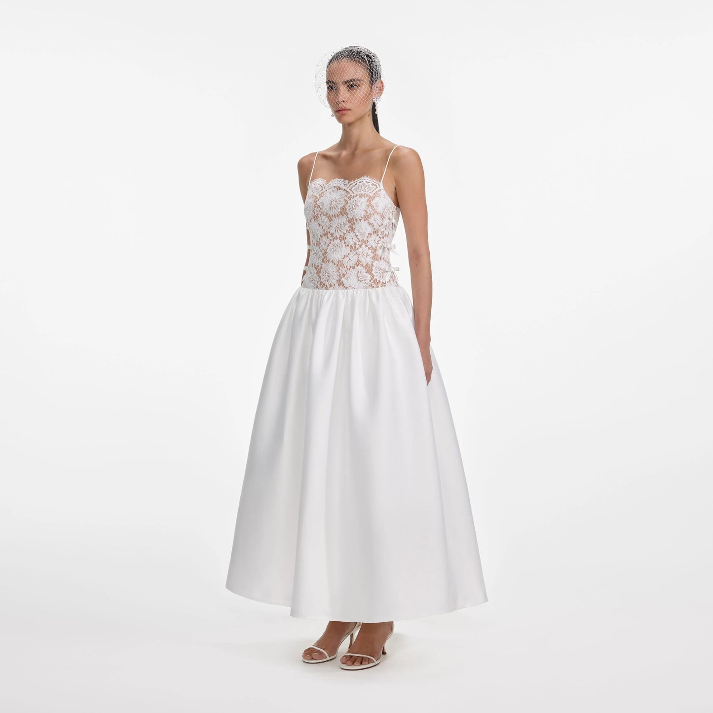 White Lace Taffeta Maxi Dress