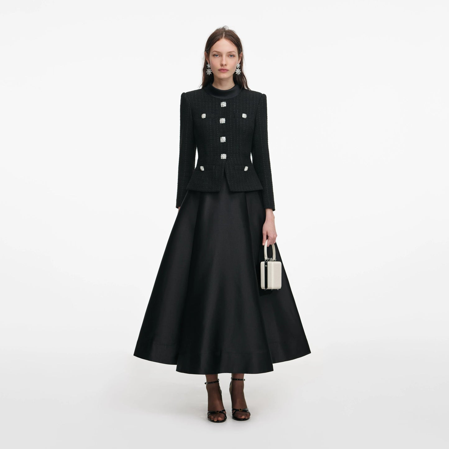 Black Boucle Taffeta Midi Dress