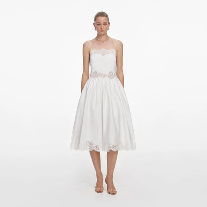 White Cotton Lace Trim Midi Dress