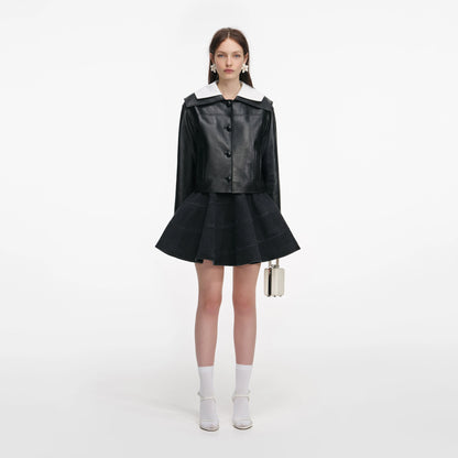 Black Leather Contrast Collar Jacket