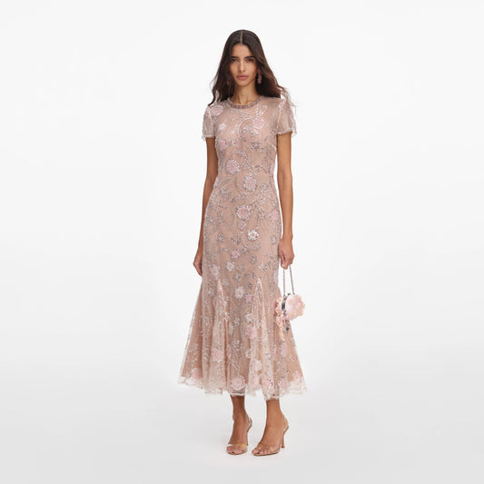 Pink Flower Sequin Embellished Midi Dress