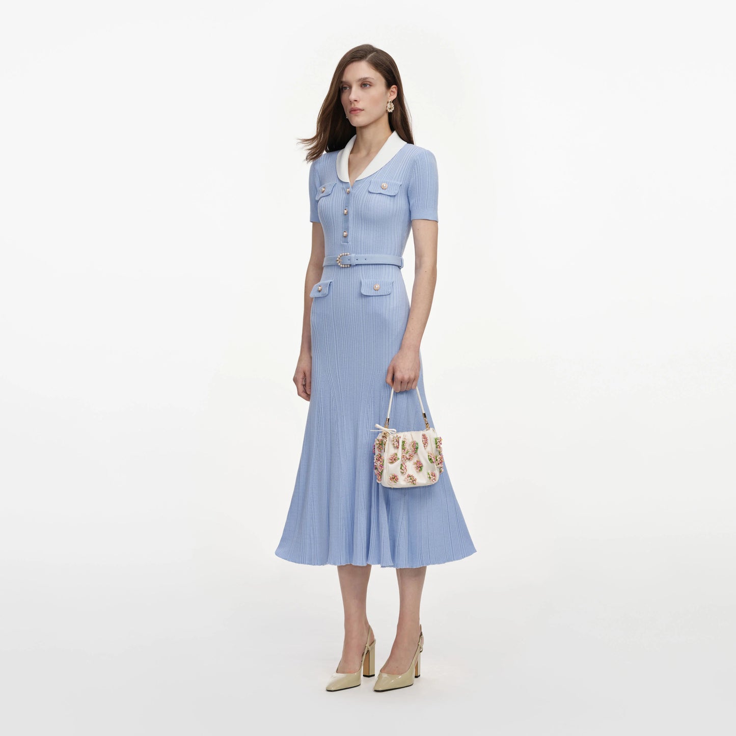 Blue Ribbed Knit Midi Dress