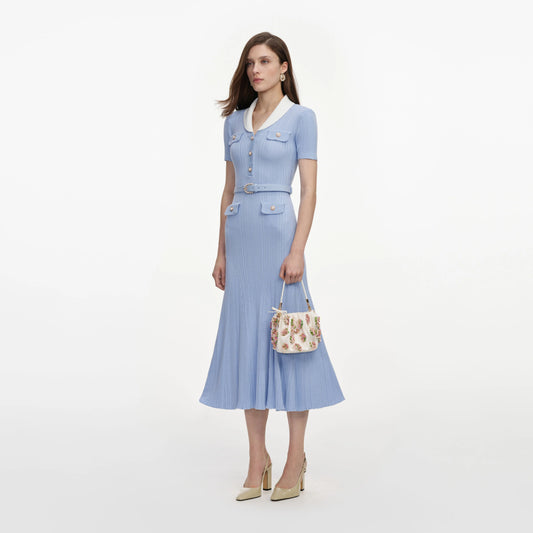 Blue Ribbed Knit Midi Dress