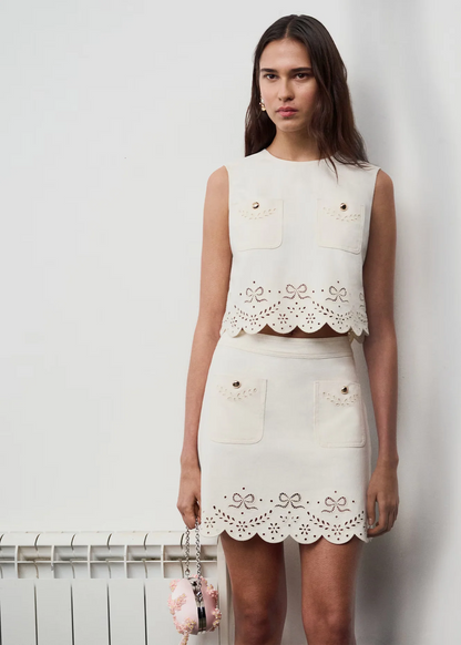 Cream Broderie Denim Mini Skirt
