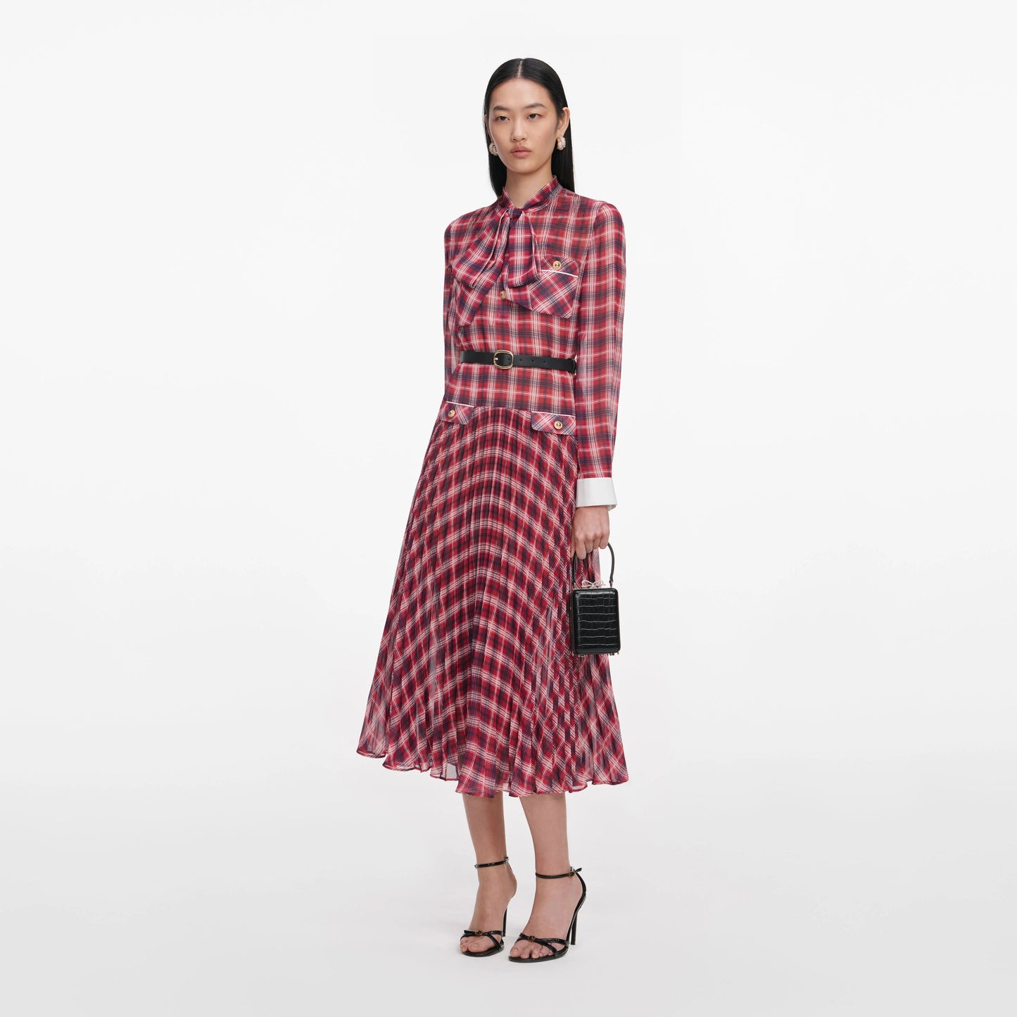 Burgundy Check Chiffon Midi Dress