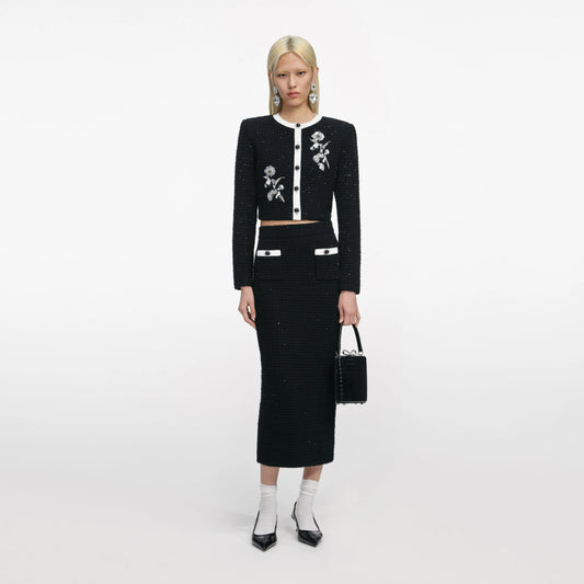 Black Textured Knit Midi Skirt