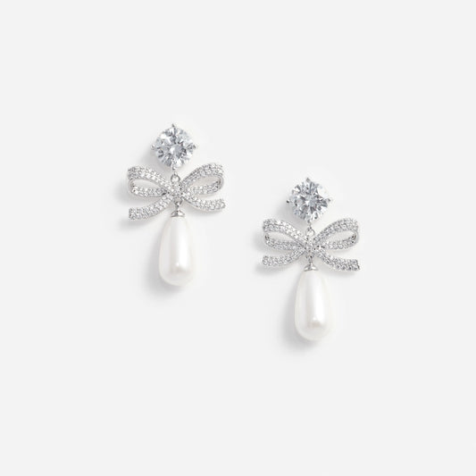 Crystal Bow Pearl Tiered Earrings