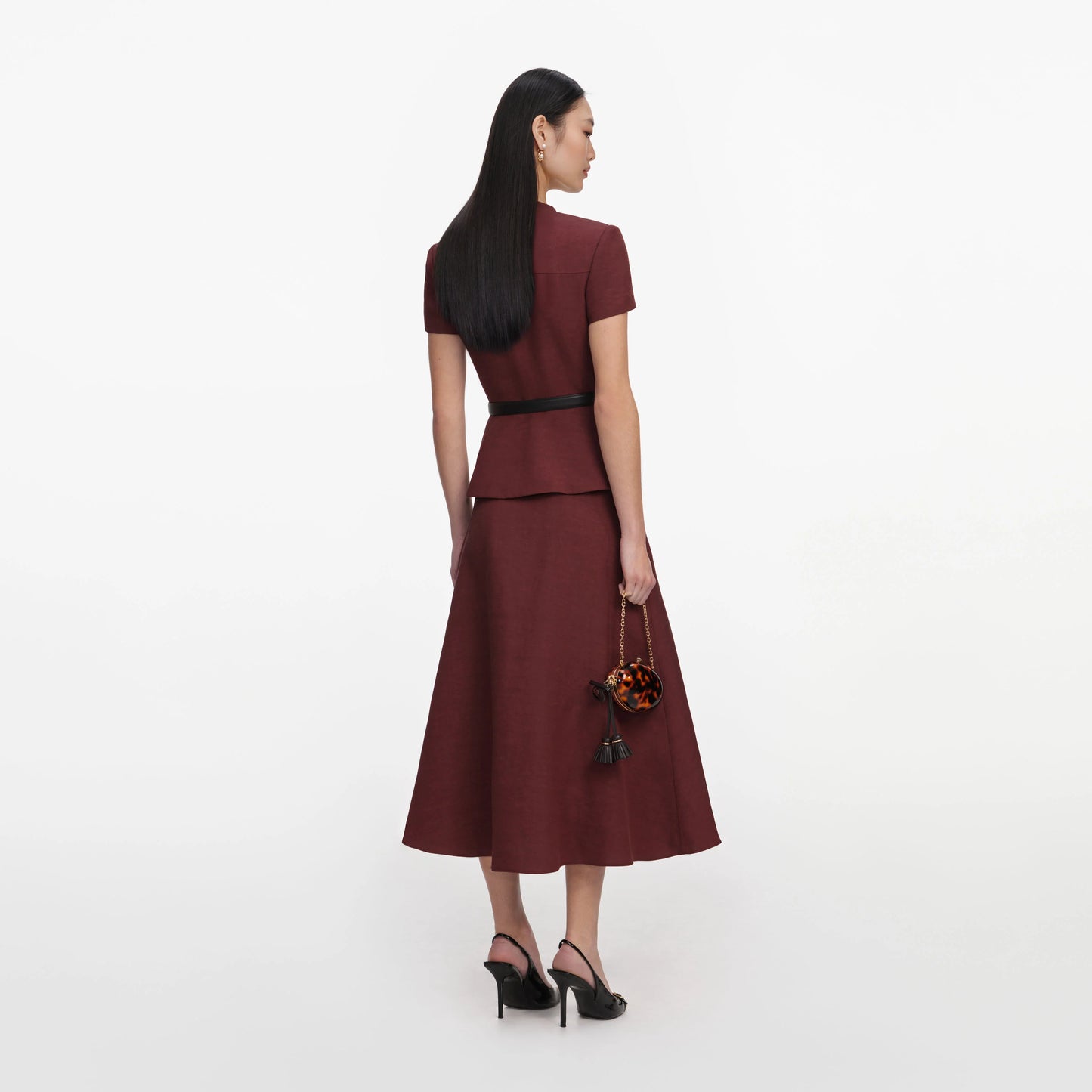 Brown Peplum Linen Blend Midi Dress
