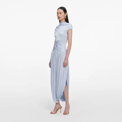 Blue Jersey Gathered Midi Dress