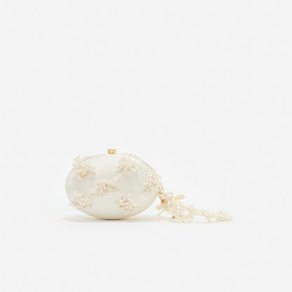 Cream Satin Floral Beaded Oval Clutch