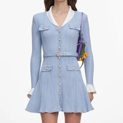 Blue Ribbed Knit Mini Dress